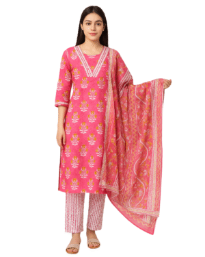 Pink Floral Printed Cotton Kurta Set with Dupatta