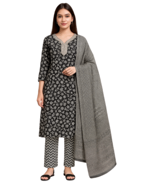 Black Floral Printed Kurta Set with Dupatta